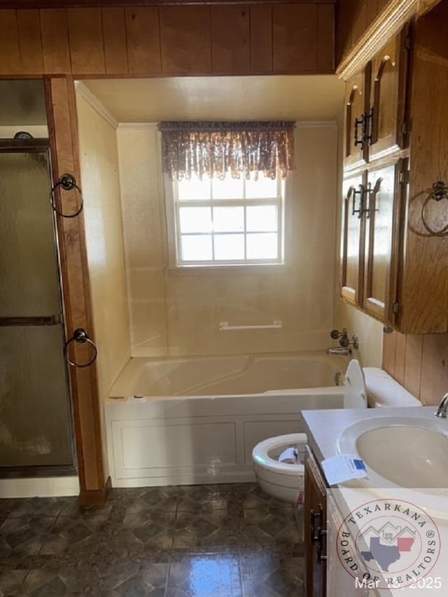 bathroom with an enclosed shower, toilet, a bath, and vanity