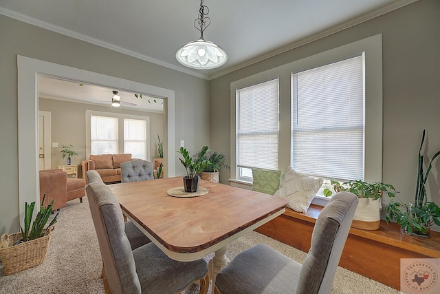 dining area with crown molding and light carpet