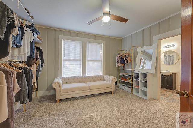 living area featuring ceiling fan, carpet, and crown molding