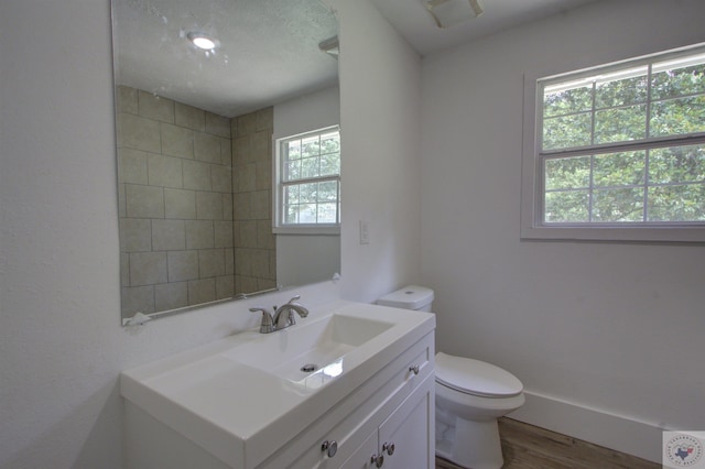 bathroom with wood-type flooring, toilet, vanity, and a healthy amount of sunlight