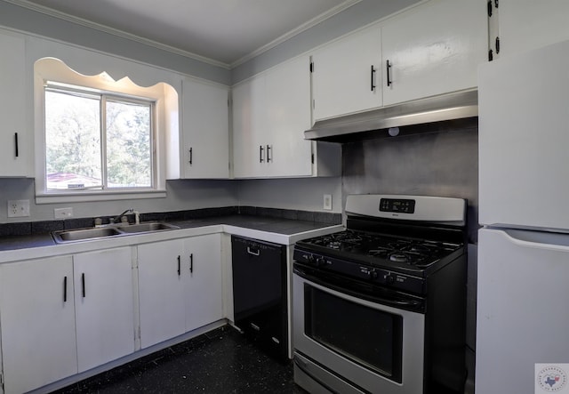 kitchen featuring sink, white refrigerator, white cabinets, stainless steel gas range oven, and black dishwasher