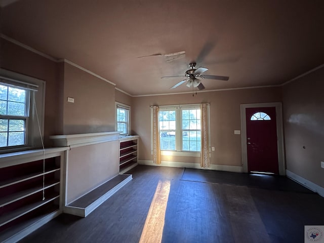 foyer with ceiling fan, dark wood-type flooring, and ornamental molding