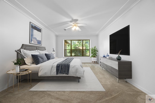 bedroom with ceiling fan, crown molding, and light carpet