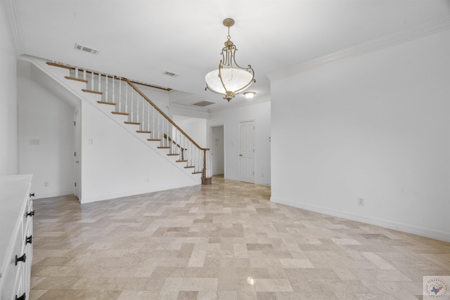 interior space featuring ornamental molding, visible vents, baseboards, and stairs