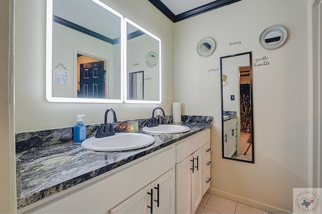 bathroom with vanity, tile patterned floors, and crown molding