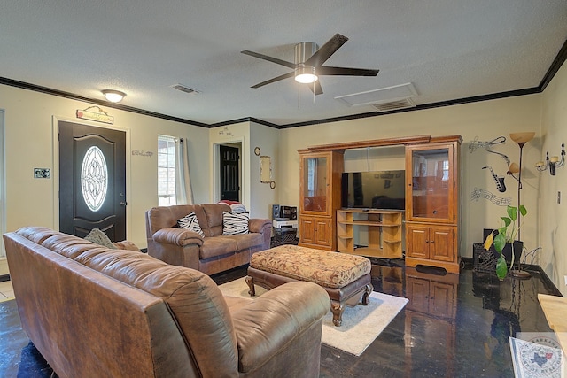 living room featuring crown molding and a textured ceiling