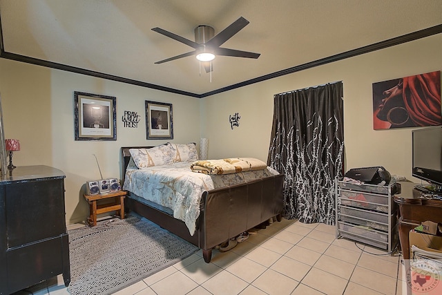 bedroom featuring crown molding, light tile patterned floors, and ceiling fan