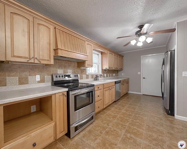 5082 Fm 44 W, Dekalb, TX 75559 - kitchen with stainless steel appliances, backsplash, a sink, baseboards, and crown molding