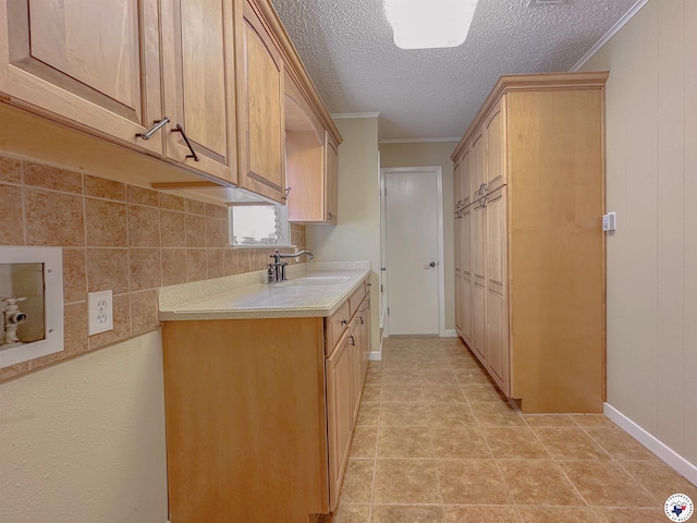 5082 Fm 44 W, Dekalb, TX 75559 - kitchen featuring a sink, light countertops, a textured ceiling, crown molding, and baseboards