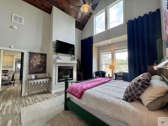 bedroom with visible vents, high vaulted ceiling, wood finished floors, a fireplace, and wood ceiling