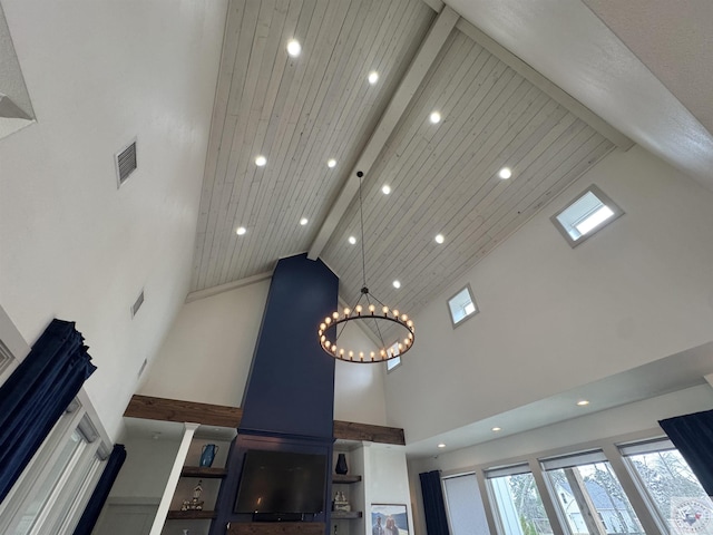 details with visible vents, beamed ceiling, and wooden ceiling