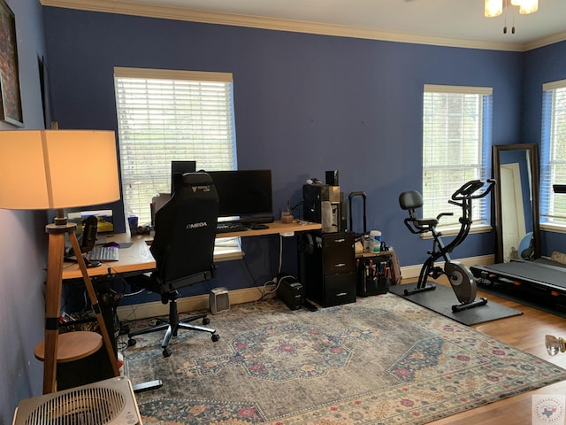809 N Louise St, Atlanta, TX 75551 - home office featuring baseboards, wood finished floors, and crown molding