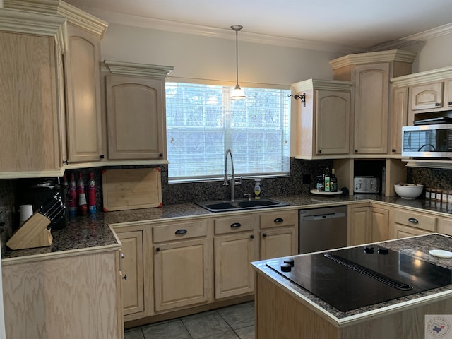 kitchen with appliances with stainless steel finishes, a sink, and crown molding