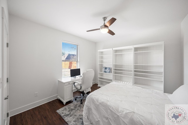 bedroom featuring wood finished floors, a ceiling fan, and baseboards