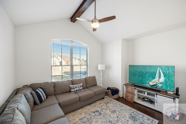 living area featuring a ceiling fan, lofted ceiling with beams, and wood finished floors