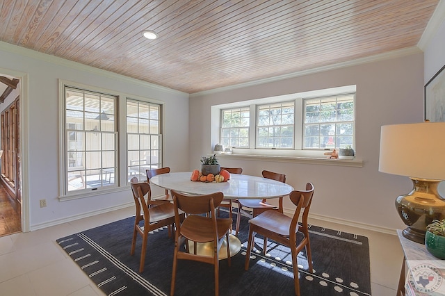 tiled dining area featuring ornamental molding and wood ceiling