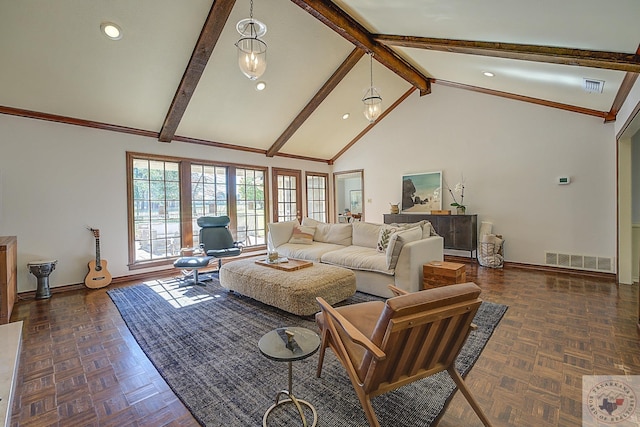 living room featuring high vaulted ceiling, beam ceiling, and dark parquet floors