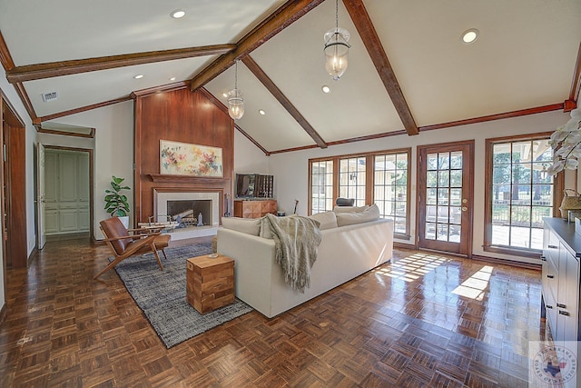 living room featuring beamed ceiling, high vaulted ceiling, and dark parquet floors