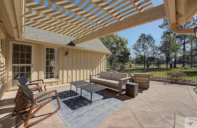 view of patio / terrace with an outdoor hangout area and a pergola