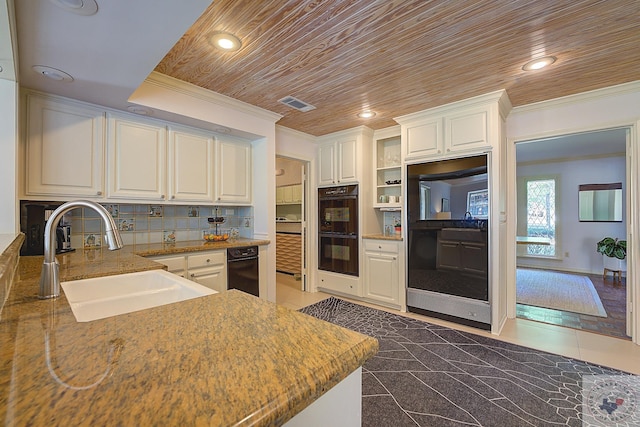 kitchen featuring sink, black appliances, ornamental molding, white cabinets, and wooden ceiling