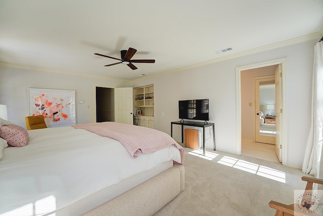 bedroom with ornamental molding, light carpet, and ceiling fan