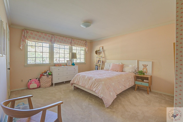 carpeted bedroom with crown molding