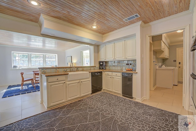 kitchen with sink, wood ceiling, black dishwasher, tasteful backsplash, and kitchen peninsula