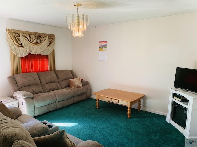 carpeted living room with an inviting chandelier