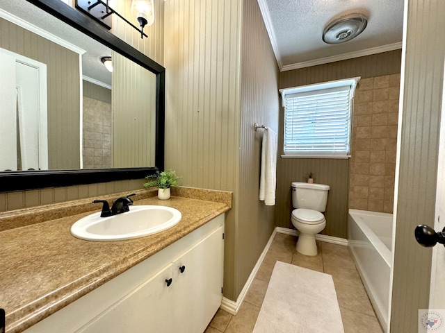 bathroom featuring crown molding, toilet, tile patterned floors, and vanity