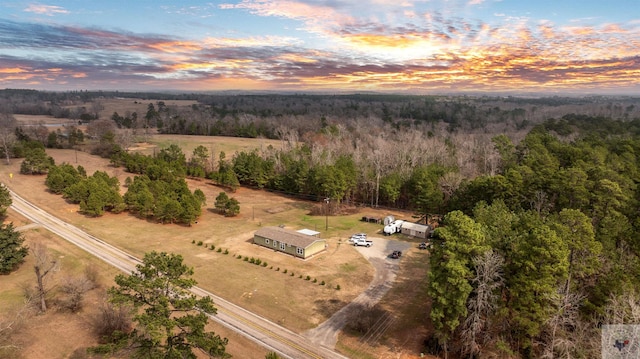 aerial view with a rural view and a wooded view