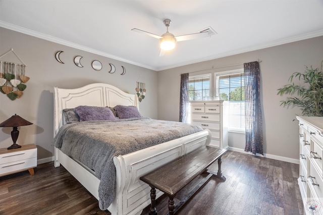 bedroom with dark wood-type flooring, ornamental molding, and baseboards