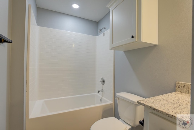 full bathroom with washtub / shower combination, toilet, and vanity