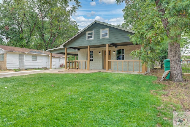 bungalow-style house featuring a porch, a garage, and a front lawn