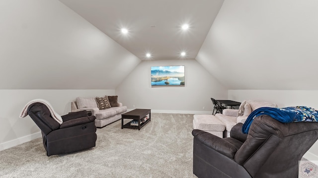 living room featuring vaulted ceiling, recessed lighting, carpet, and baseboards