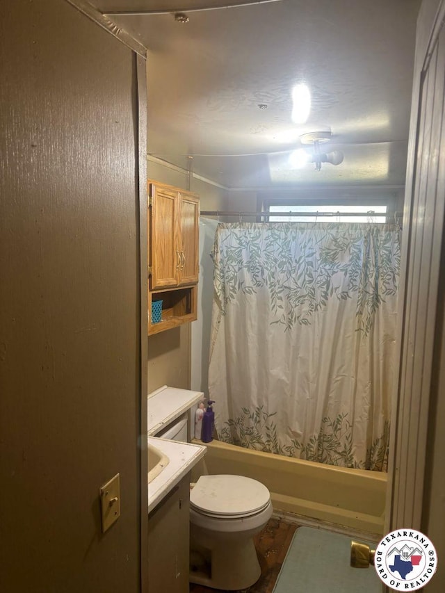 10720W.7TH Trexler Rd, Texarkana, TX 75501 - bathroom featuring vanity, toilet, and shower / bath combination with curtain