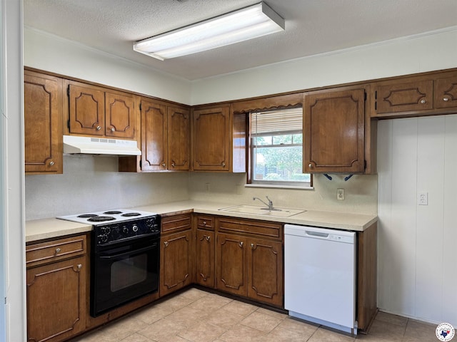 4211 Lotus Dr, Texarkana, TX 75503 - kitchen with dishwasher, black electric range oven, under cabinet range hood, a sink, and light countertops