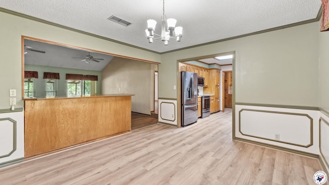 1135 Cook Rd, Texarkana, AR 71854 - unfurnished dining area with a chandelier, ornamental molding, light wood-type flooring, ceiling fan, and a textured ceiling