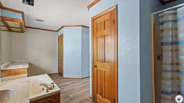 1135 Cook Rd, Texarkana, AR 71854 - full bathroom featuring vanity, wood finished floors, a garden tub, crown molding, and curtained shower