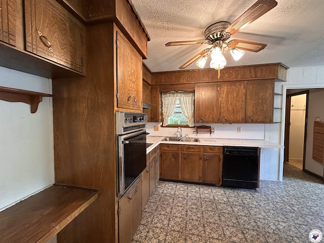 216 W Pioneer St, Wake Village, TX 75501 - kitchen featuring oven, dishwasher, open shelves, a textured ceiling, and ceiling fan