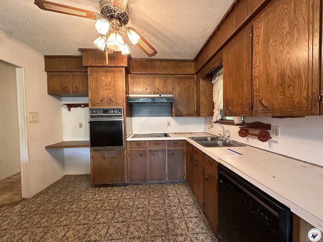 216 W Pioneer St, Wake Village, TX 75501 - kitchen with black appliances, under cabinet range hood, a ceiling fan, a textured ceiling, and crown molding
