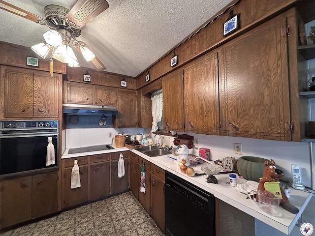 216 W Pioneer St, Wake Village, TX 75501 - kitchen featuring black appliances, a sink, light countertops, a textured ceiling, and ceiling fan