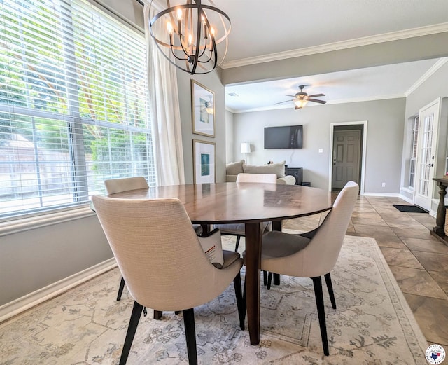 3815 Wyatt Ln, Texarkana, TX 75503 - dining room featuring crown molding, a chandelier, baseboards, and ceiling fan