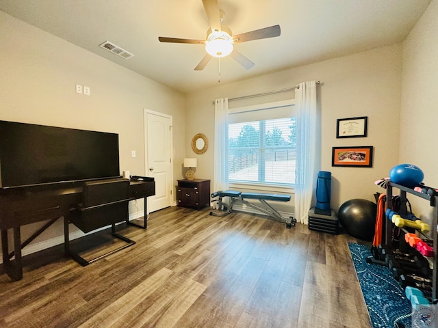 workout room featuring visible vents, ceiling fan, and wood finished floors