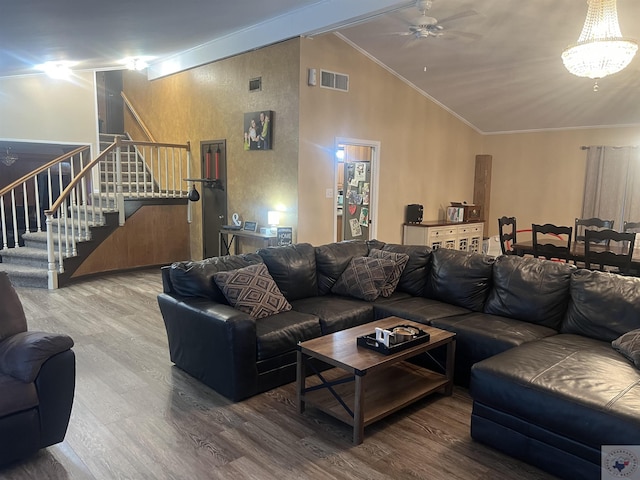 living room featuring hardwood / wood-style flooring, ceiling fan, crown molding, and high vaulted ceiling