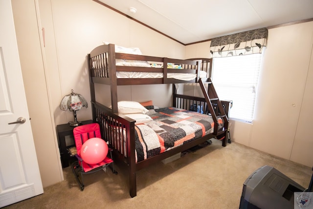 carpeted bedroom featuring visible vents and lofted ceiling