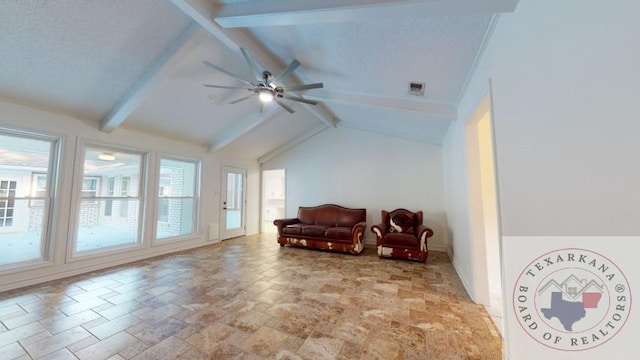 bonus room featuring a textured ceiling, a healthy amount of sunlight, lofted ceiling with beams, and ceiling fan