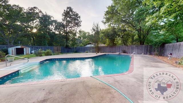 view of swimming pool with a patio area and a storage shed