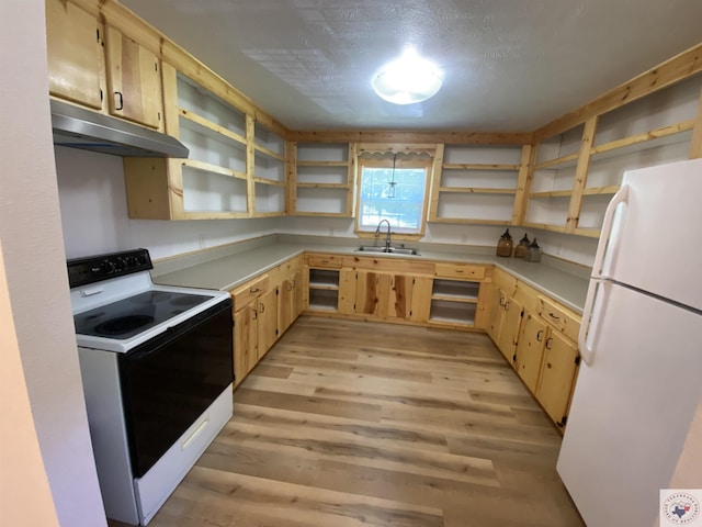 kitchen with electric stove, light brown cabinets, and white refrigerator