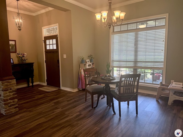22 Heritage Blvd, Texarkana, TX 75501 - dining area with a chandelier, dark wood-style floors, and crown molding