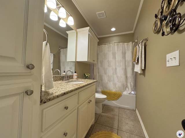 22 Heritage Blvd, Texarkana, TX 75501 - full bath with vanity, tile patterned flooring, ornamental molding, and shower / tub combo with curtain